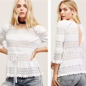Free People Fire Island Blouse Open Knit Crochet 3/4 Sleeve Cinched White Small